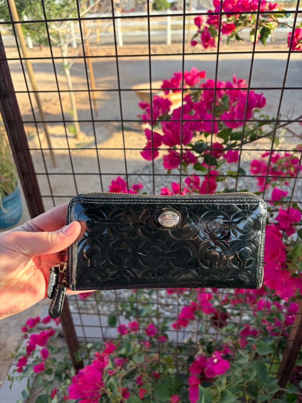 Coach Black Patent Embossed Zip Wallet